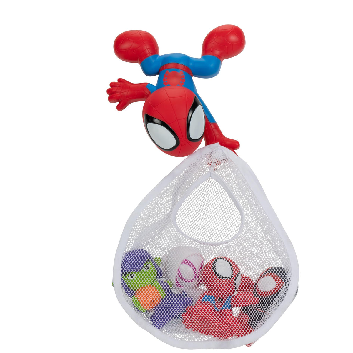 Jazwares Marvel Spidey wall mount with web net keeps bath toys organized and ready