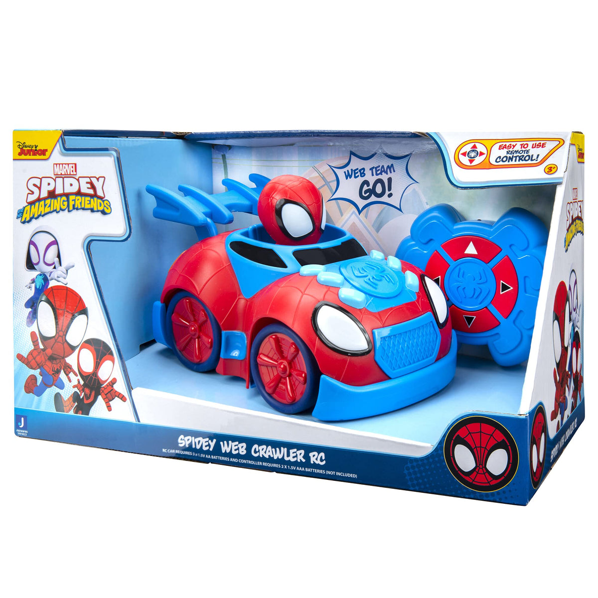 Jazwares Web Crawler blue and red colors boost visibility and excitement.