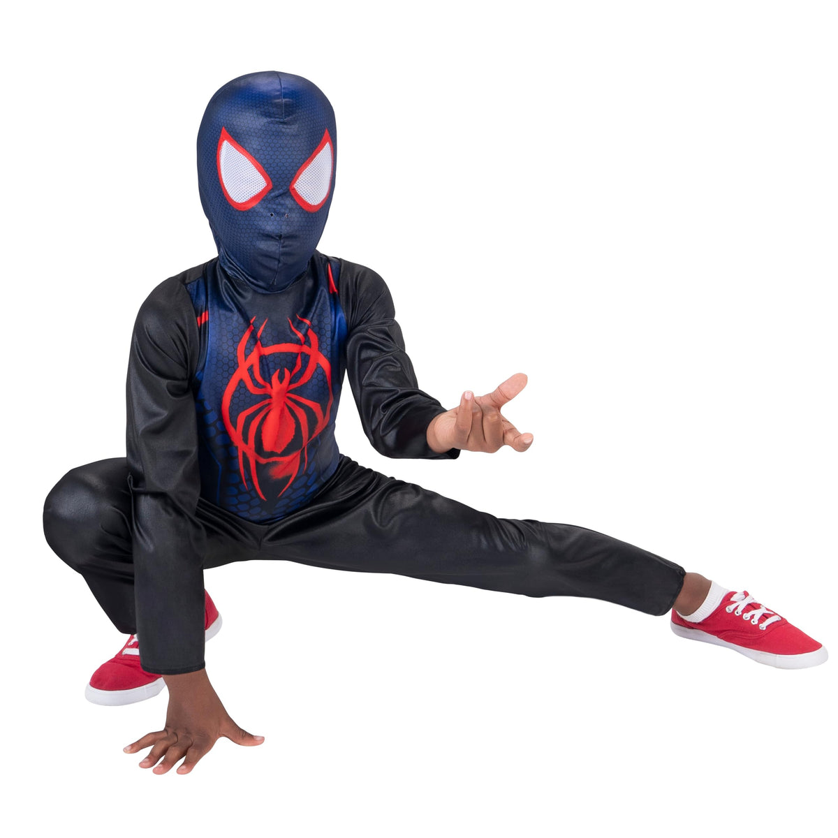 Jazwares Miles Morales youth costume with printed jumpsuit for an authentic Spider-Verse look.