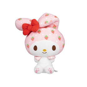 My Melody plush with strawberry hood and red bow, ideal for display or play.