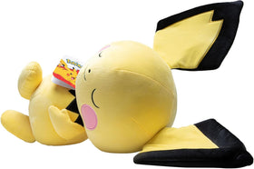 Jazwares Pichu plush in a splayed sleeping pose, ideal for cuddling and display.
