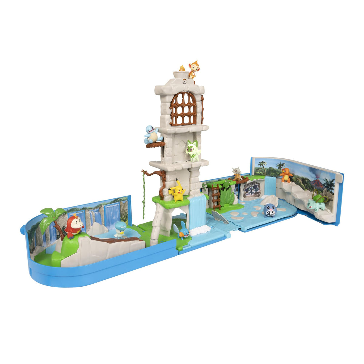 Jazwares Pokemon Carry Case Battle Ruins Playset opened for quick duels and exploration.