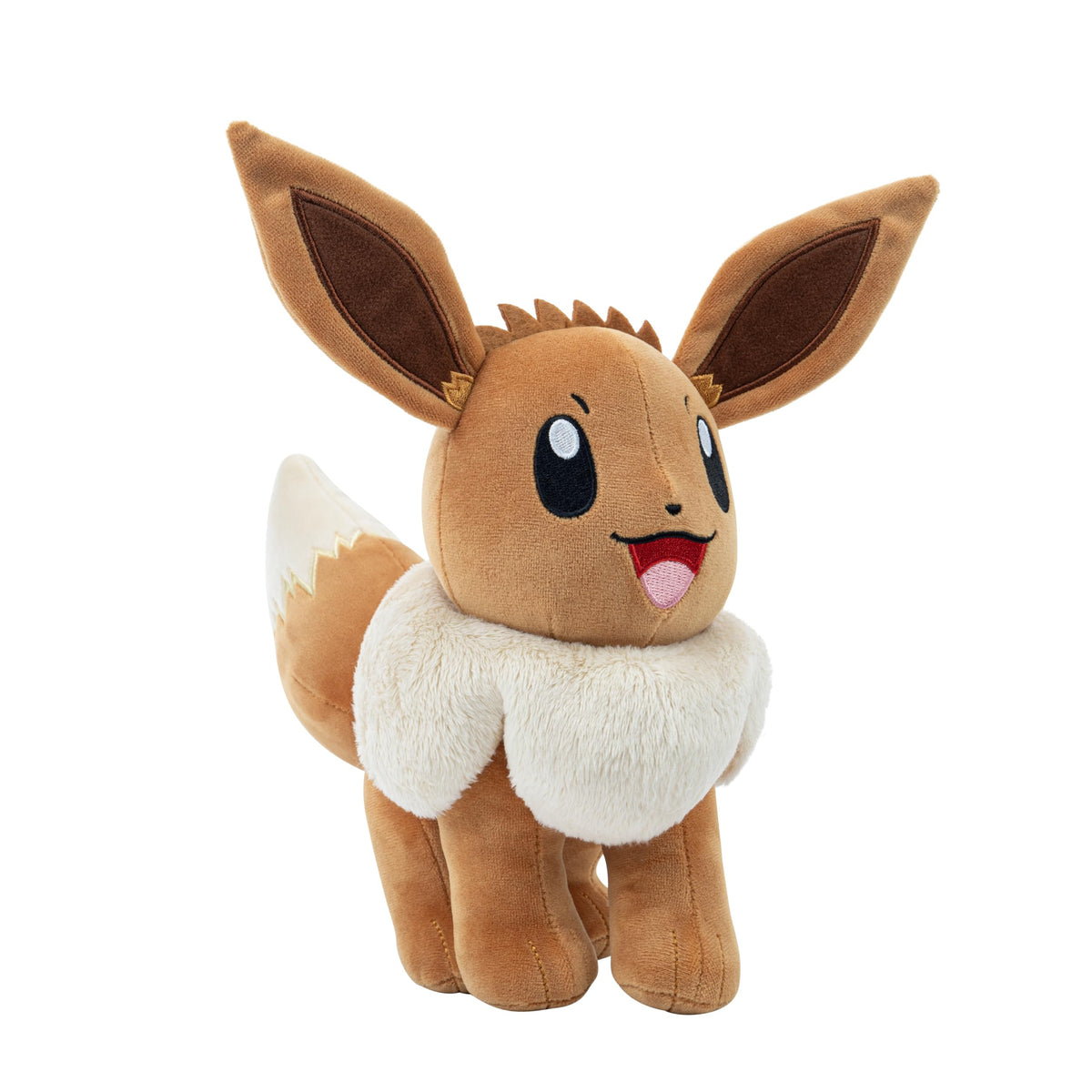 Jazwares Eevee plush 12-inch back view, ideal for shelf display and travel friend