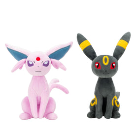 Jazwares Pokemon Espeon Umbreon plush 2-pack front view for cuddling and display.
