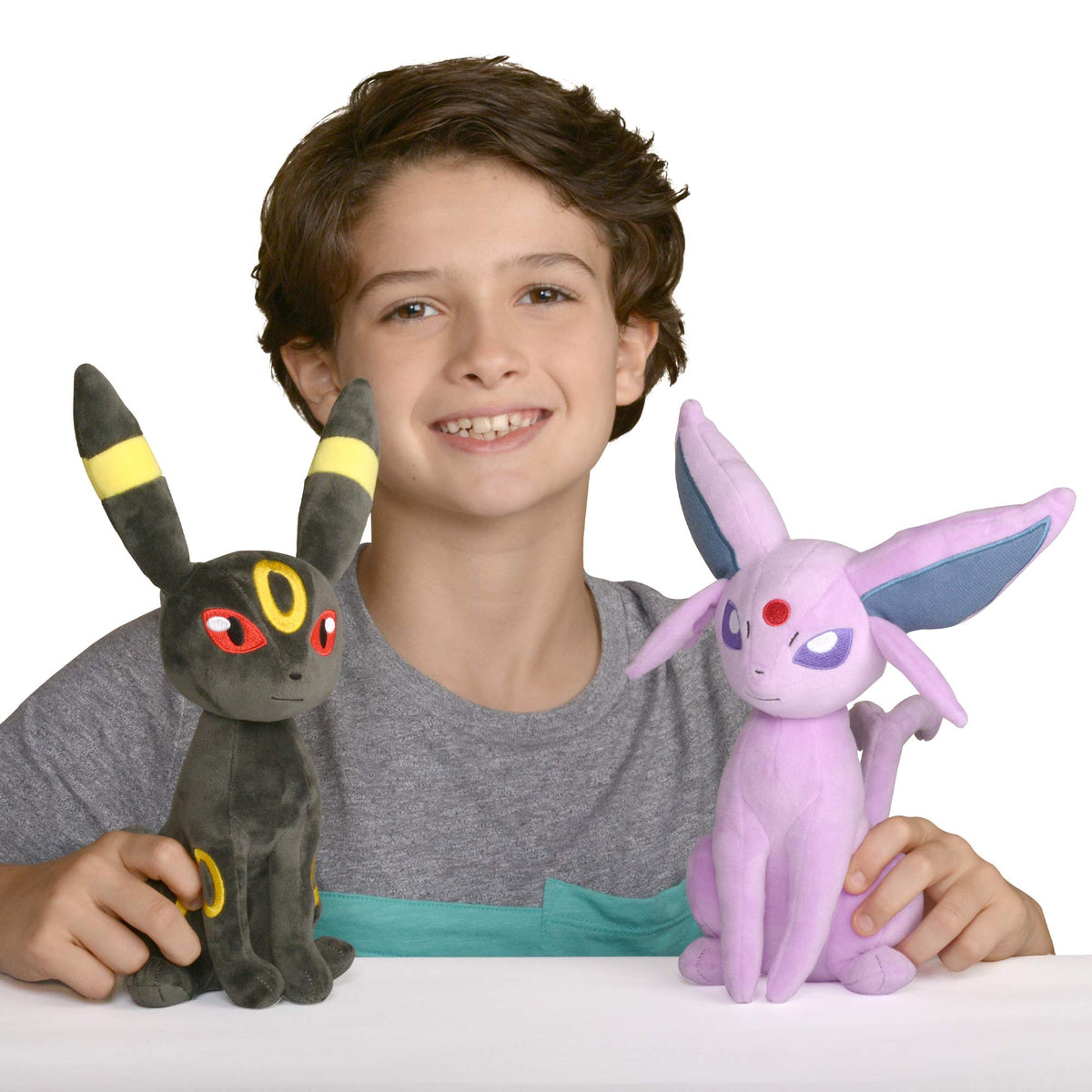 Jazwares Espeon Umbreon plush 2-pack side view shows compact 8-inch size ideal for shelves.