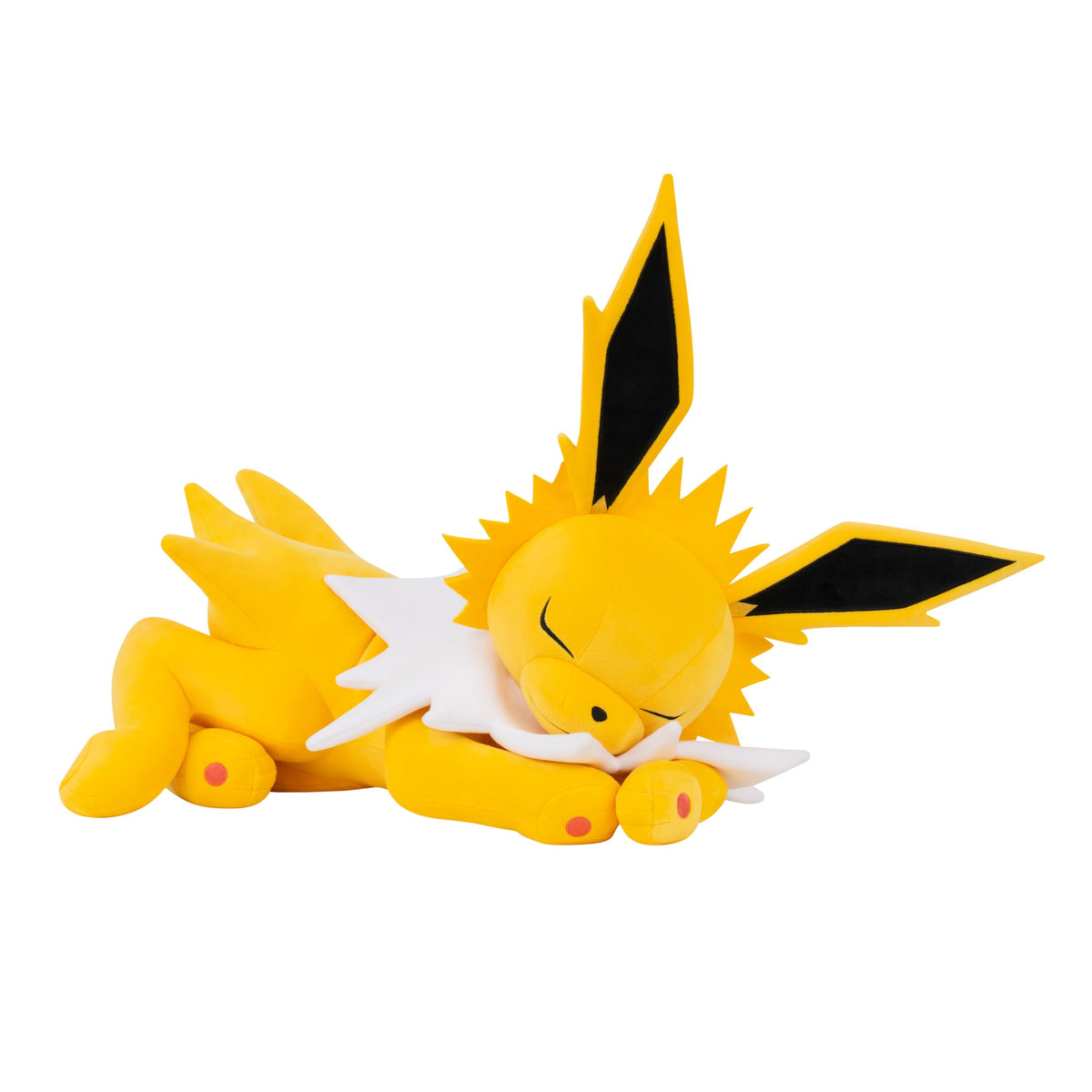 Officially licensed Jolteon sleeping plush from Jazwares in a relaxed lounging pose.