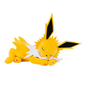 Officially licensed Jolteon sleeping plush from Jazwares in a relaxed lounging pose.