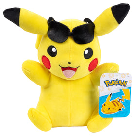 Jazwares Pikachu plush wearing sunglasses for cuddling and travel.