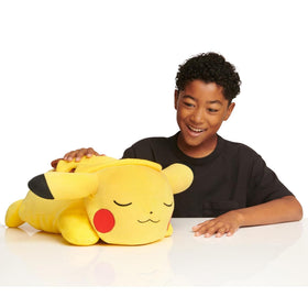 Jazwares Pokémon Pikachu sleeping plush in 18-inch pose, ideal for cuddling and bedtime.
