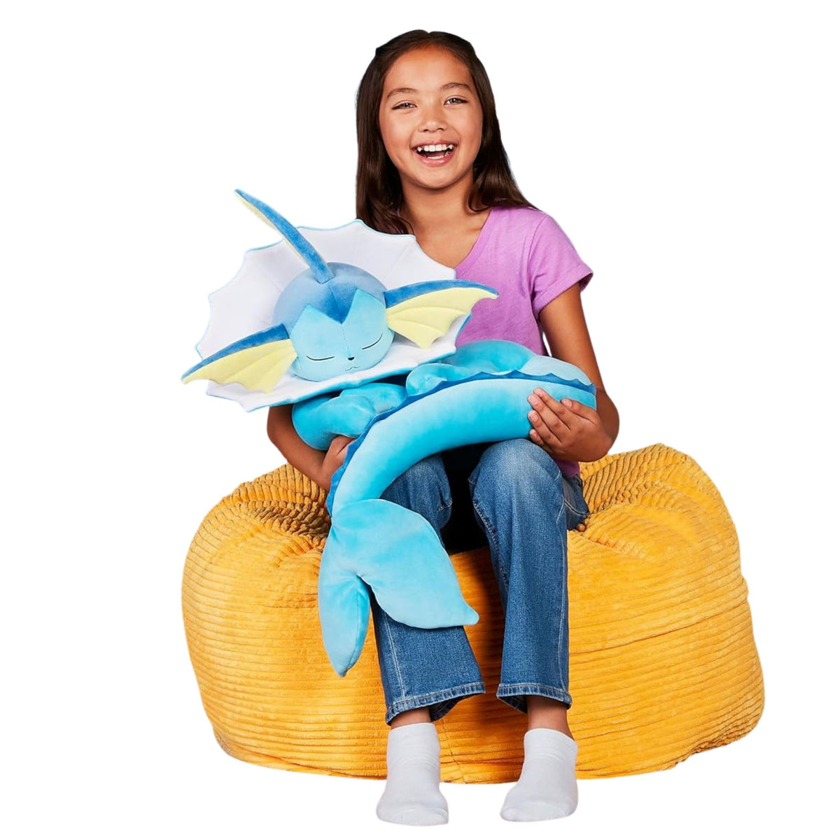 Jazwares Vaporeon 18-inch sleeping plush ideal for cuddling and calm moments.