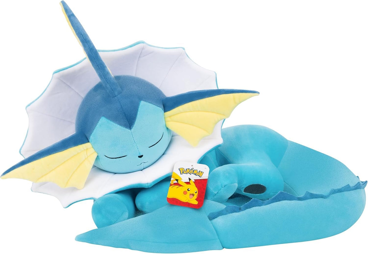Jazwares Vaporeon sleeping plush closeup shows soft material for bedtime comfort.