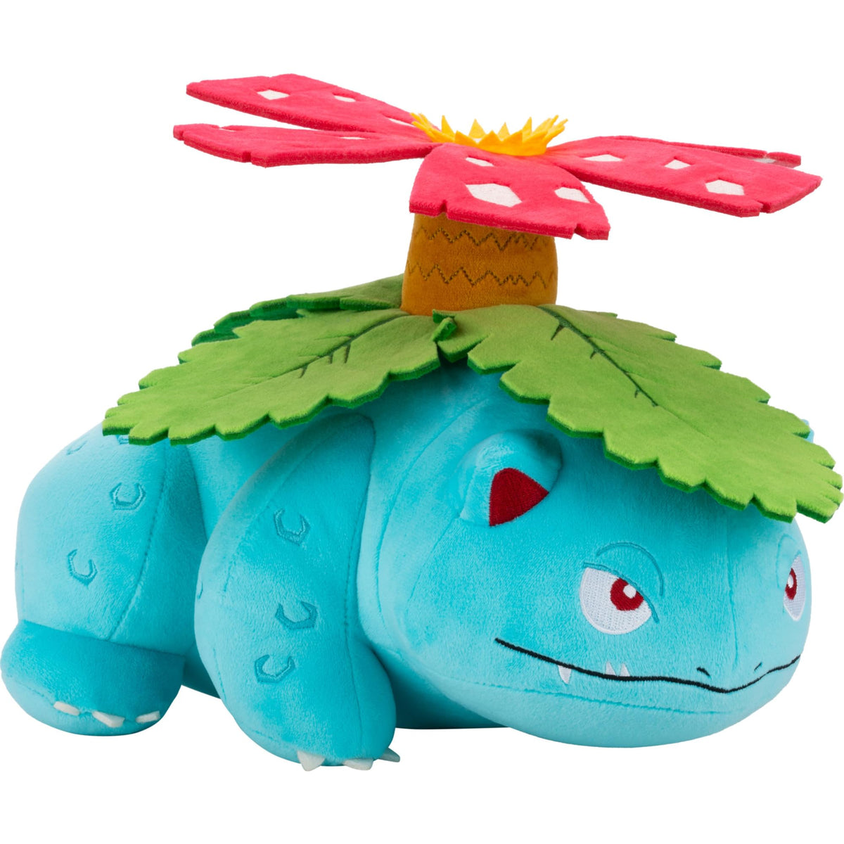 Jazwares Pokémon Venusaur plush in a cozy cuddle scene for bedtime comfort