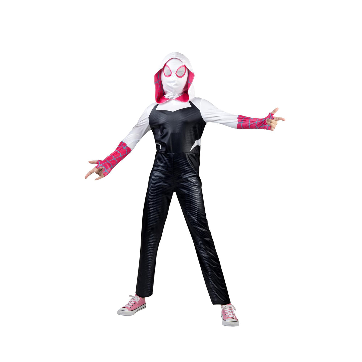 Jazwares Spider-Gwen hood with bright print for instant costume reveal.