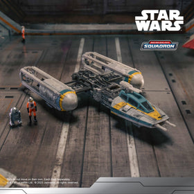 Jazwares Gold Leader's Y-Wing rotating ion turret adds dynamic trench run realism.