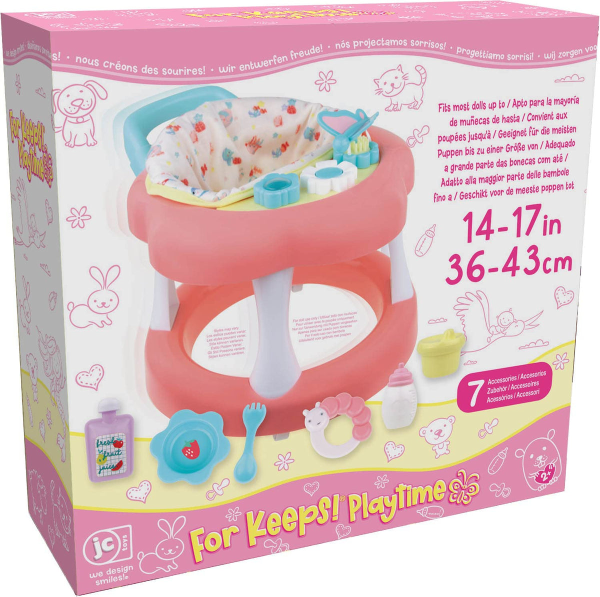 Butterfly and floral accents spark imaginative doll-care play.