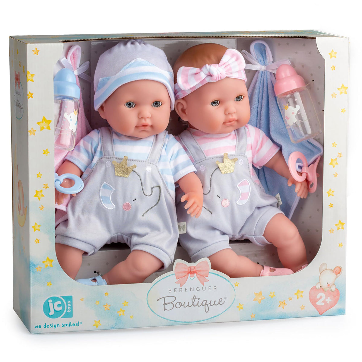 Berenguer Boutique twins 15-inch dolls with closed eyes invite soothing storytelling.