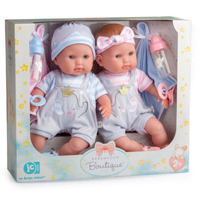 Berenguer Boutique twins 15-inch dolls with closed eyes invite soothing storytelling.