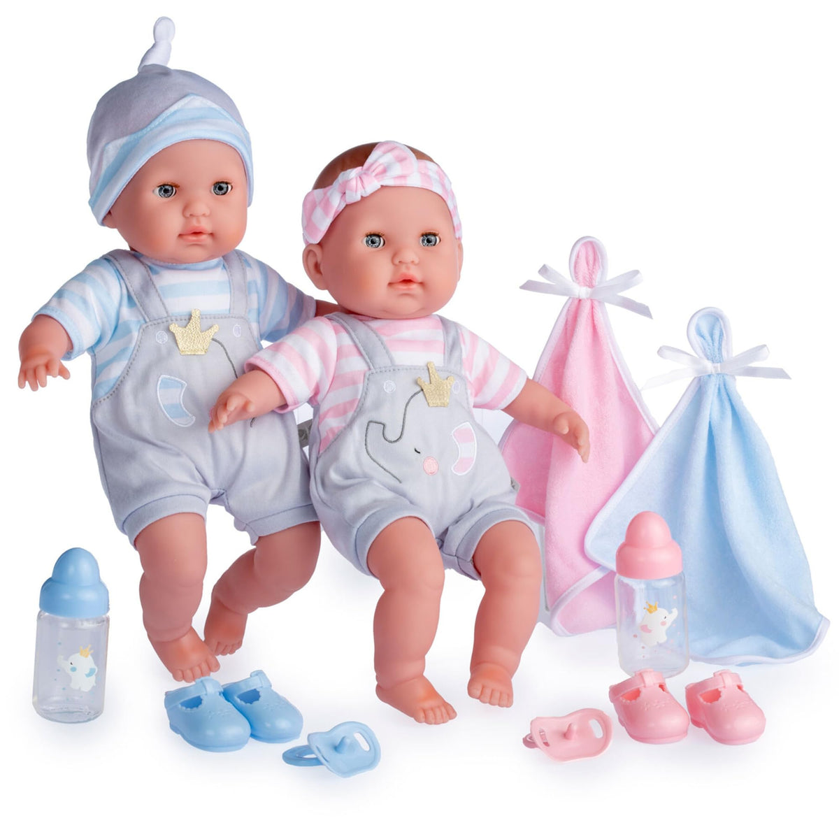 Berenguer Boutique twins 15-inch dolls with open eyes invite imaginative play.