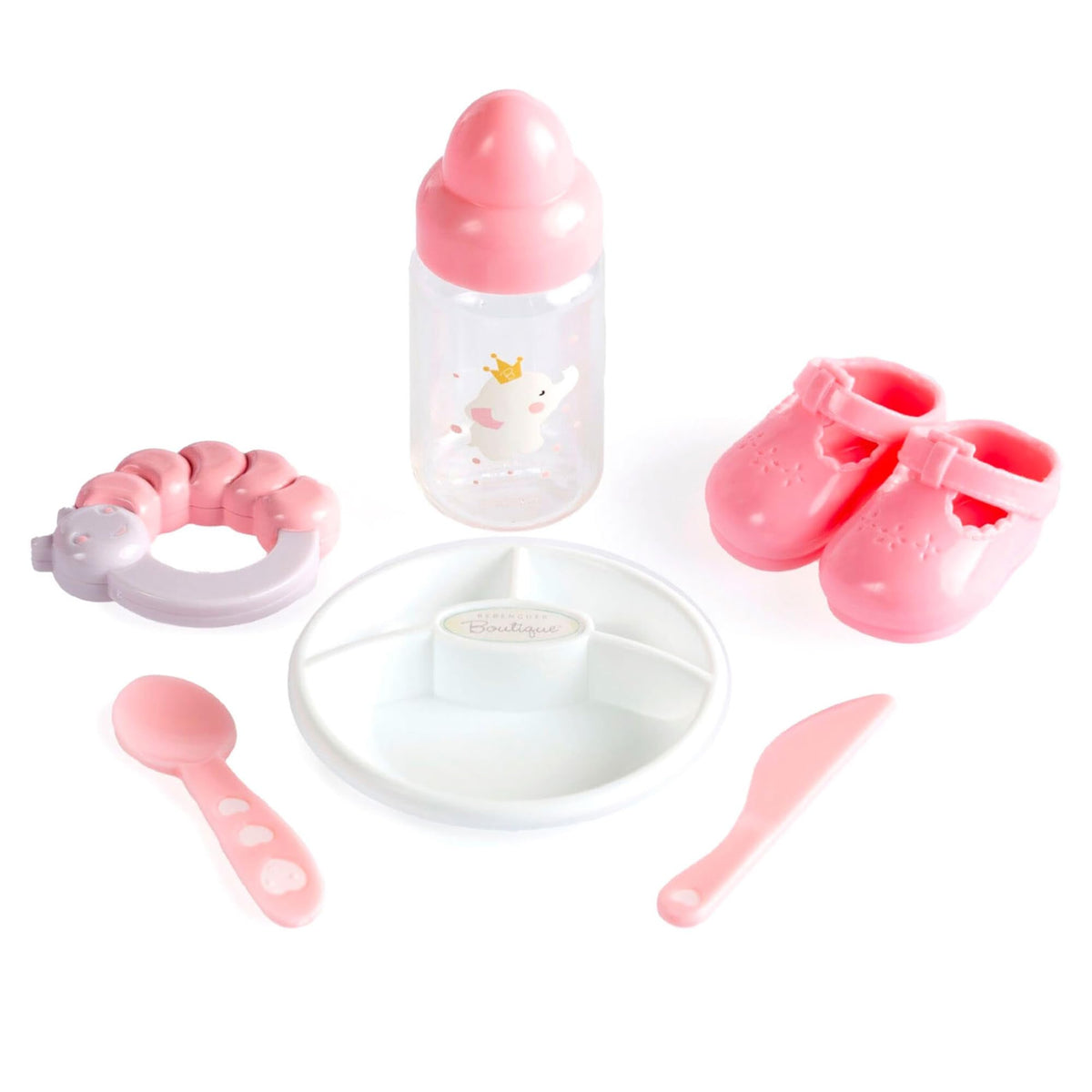 JC Toys Berenguer rattle included to encourage fine motor exploration.