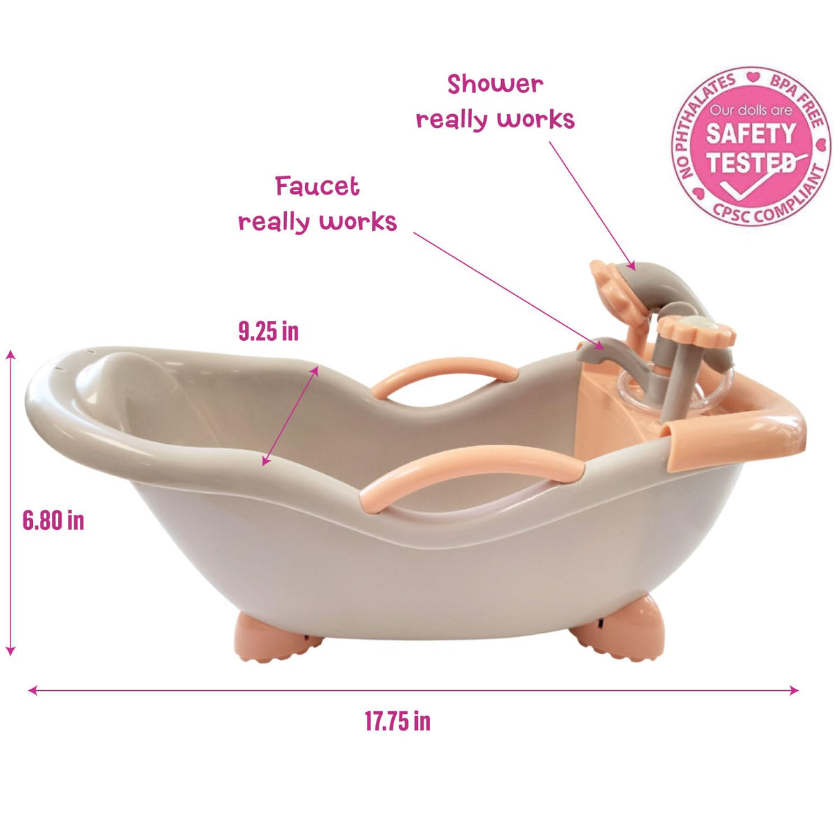 JC Toys doll bath set showerhead showing real spray for pretend baths.