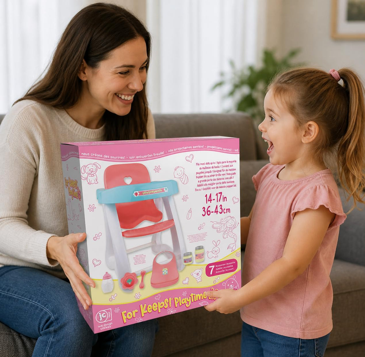 JC Toys Doll High Chair pink blue easy-clean surfaces simplify maintenance.