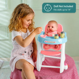 JC Toys Doll High Chair pink blue mealtime scene encourages imaginative play.