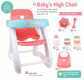 JC Toys Doll High Chair pink blue tray for easy doll feeding setups.