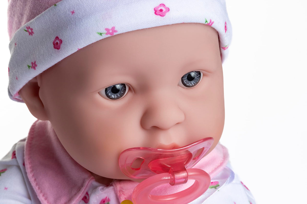 JC Toys La Baby hair detail close-up highlights wispy hair for imaginative play.