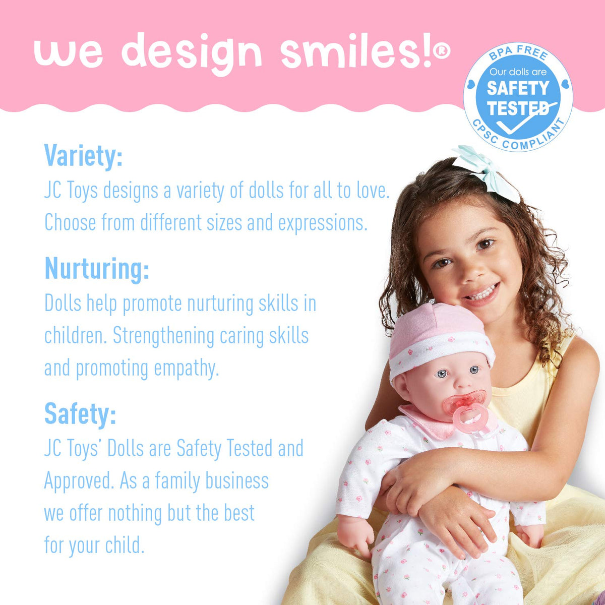 JC Toys La Baby pacifier and accessories help calm playtime and nap routines.