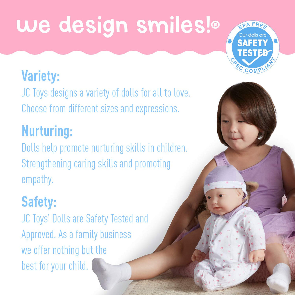 JC Toys La Baby pacifier helps calm playtime and mimic feeding routines.