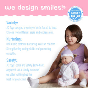 JC Toys La Baby pacifier helps calm playtime and mimic feeding routines.