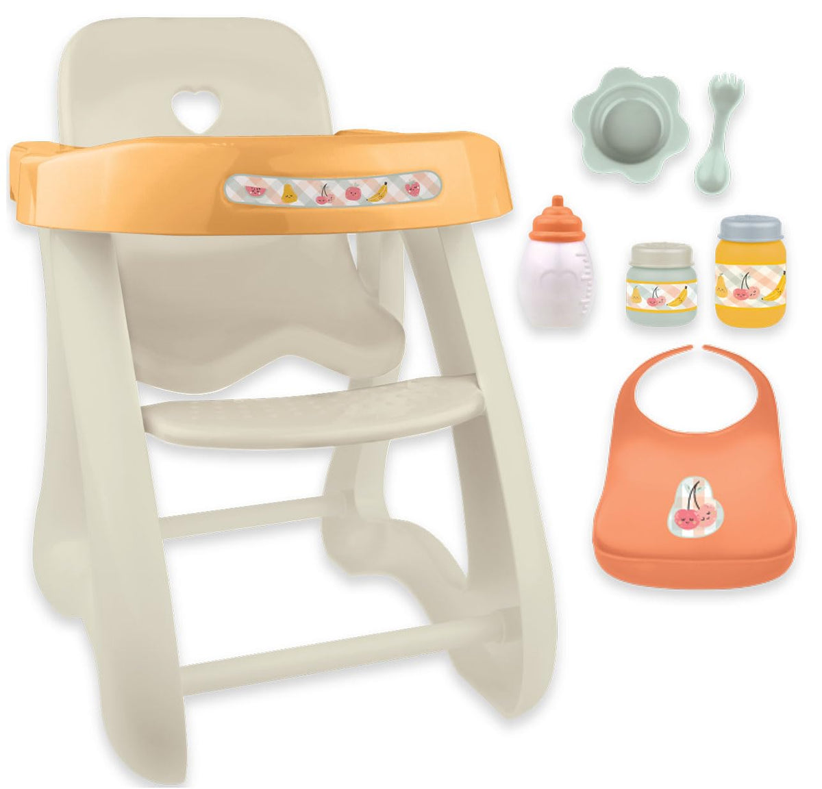 JC Toys doll highchair setup for realistic pretend feeding with dolls up to 17 inches