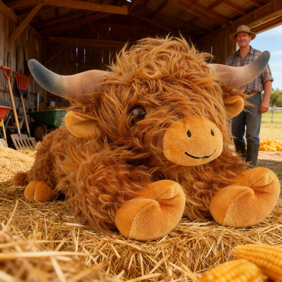 JDF Highland Cow 22in plush serves as a cozy decorative pillow and cuddle companion.