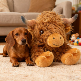 JDF Highland Cow plush doubles as a soft pillow for relaxed seating and lounging.