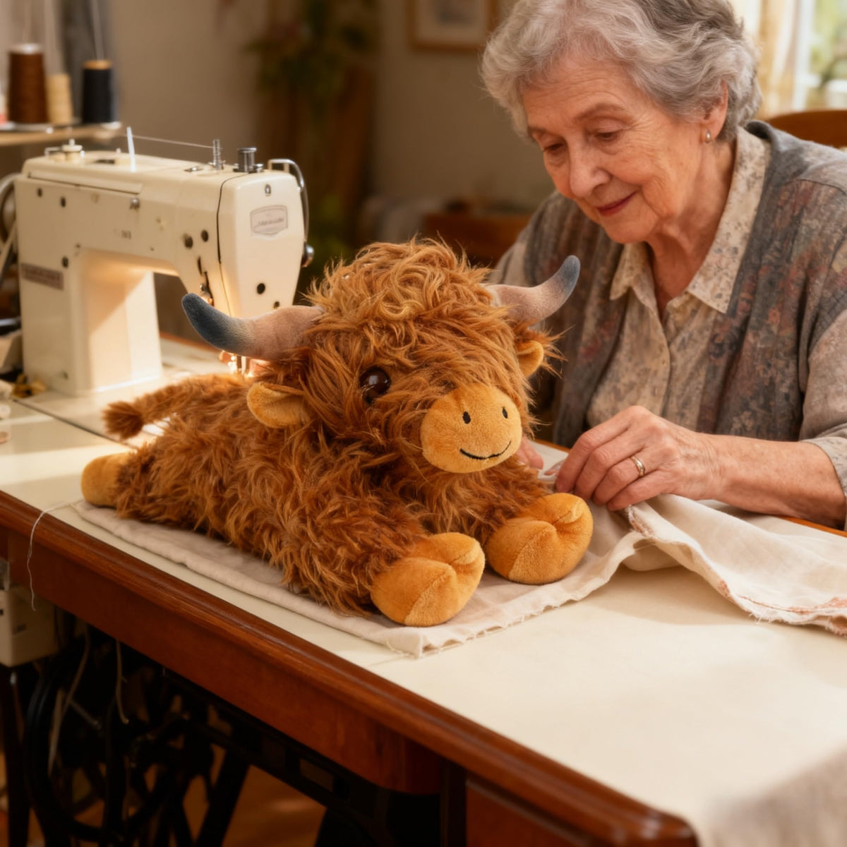 JDF Highland Cow plush features a soft fluffy coat with authentic cow details like horns.