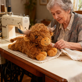 JDF Highland Cow plush features a soft fluffy coat with authentic cow details like horns.
