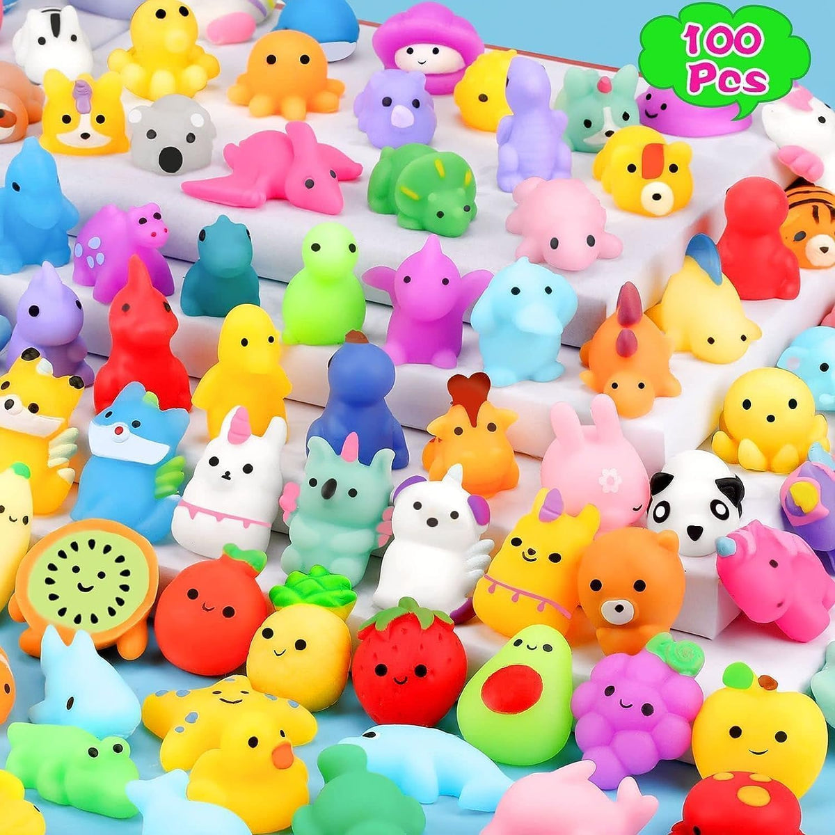 JDSTY 100-piece Mochi Squishy collection for playful squeezing and classroom prizes.