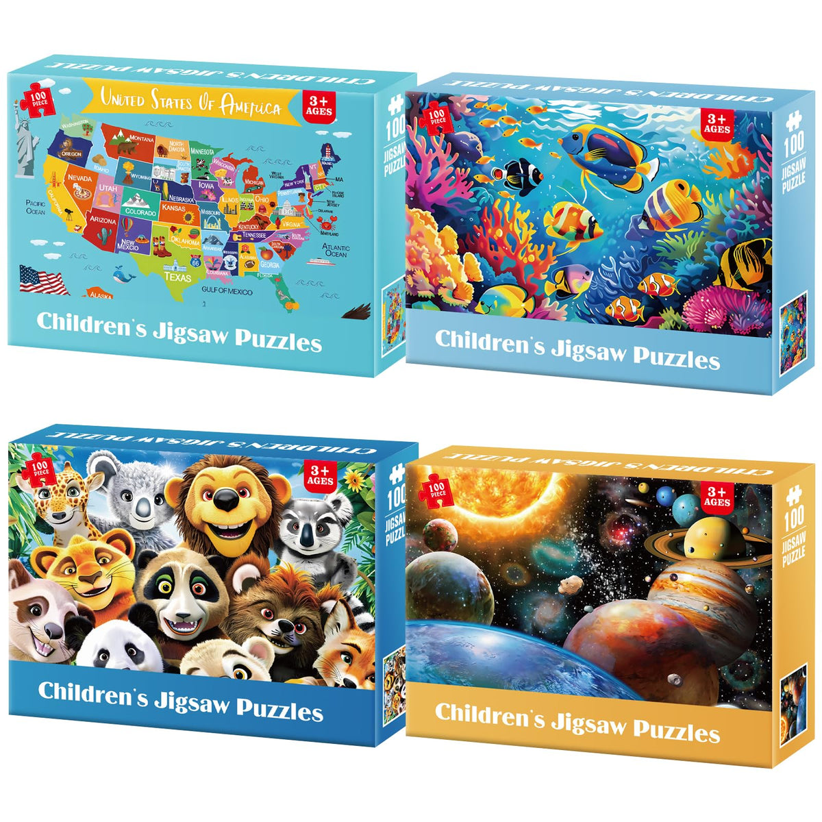 Jeacirio 4-pack 100-piece puzzle with USA map scene for kids and families