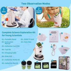 JECONE Kids Microscope includes a 32GB TF card for storage.
