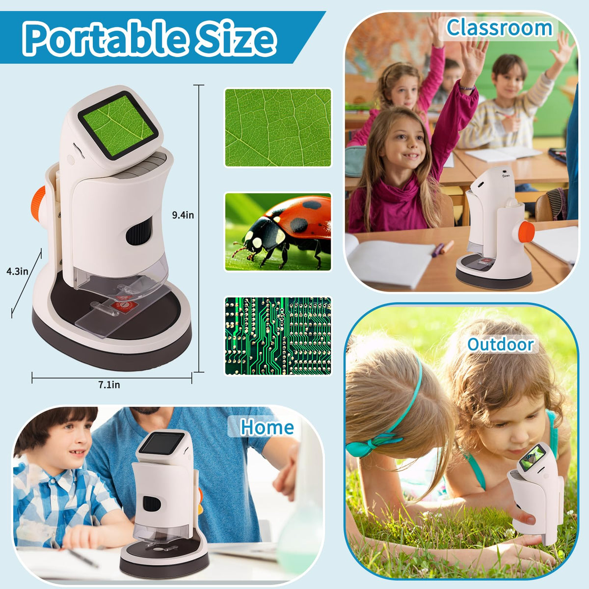 JECONE Kids Microscope supports tabletop, portable, and live modes.