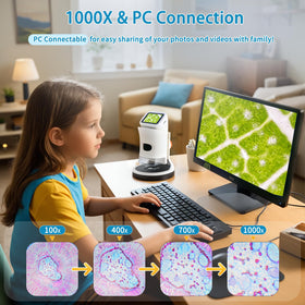 JECONE Kids Microscope captures photos and videos of findings.