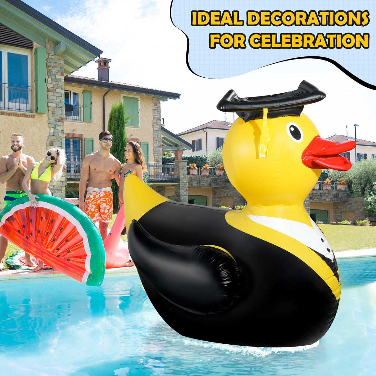 Jectivs 4-5ft tall duck creates a bold graduation display in any water setting.