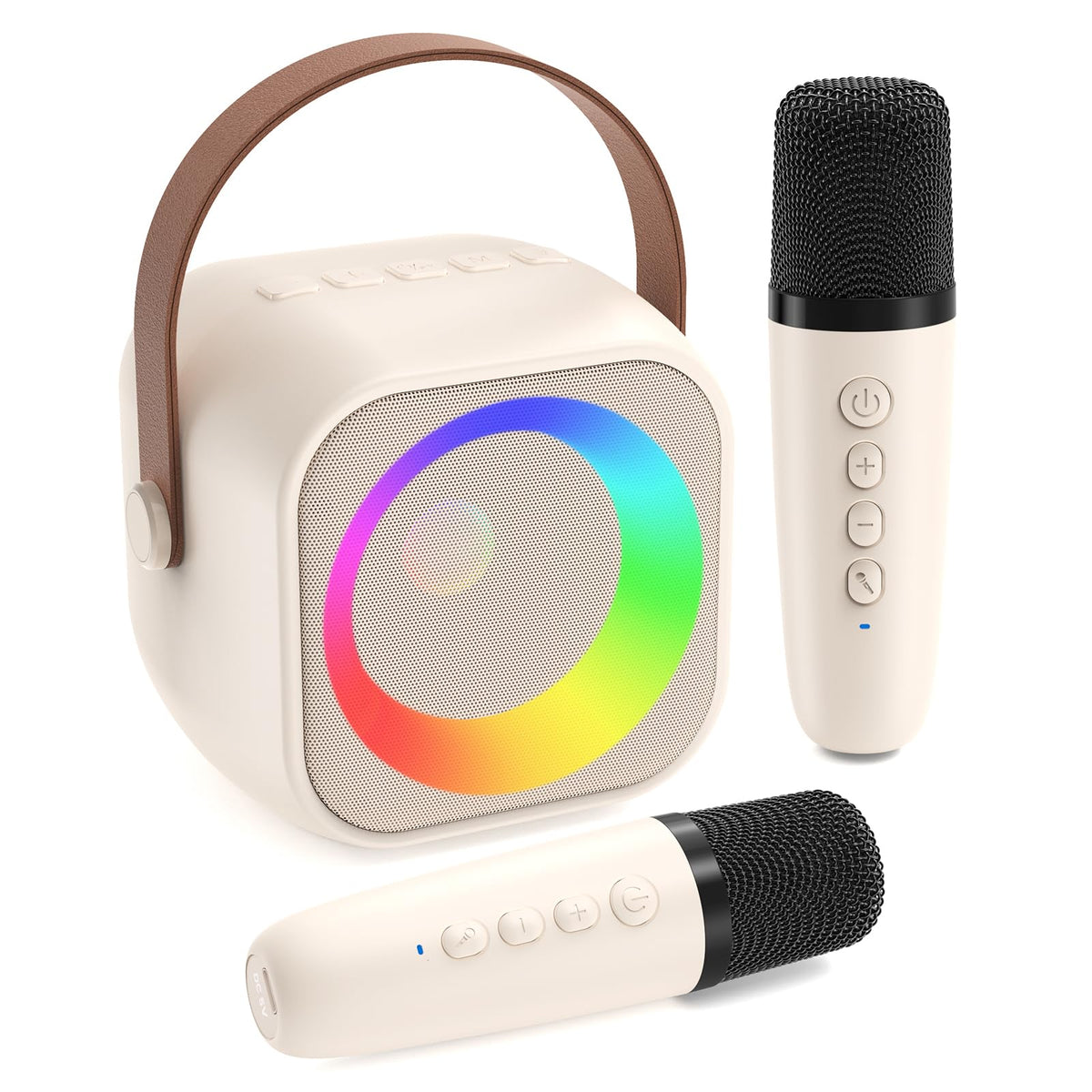Jeefu Karaoke Machine for Kids front view with dual mics ready for family sing-alongs.