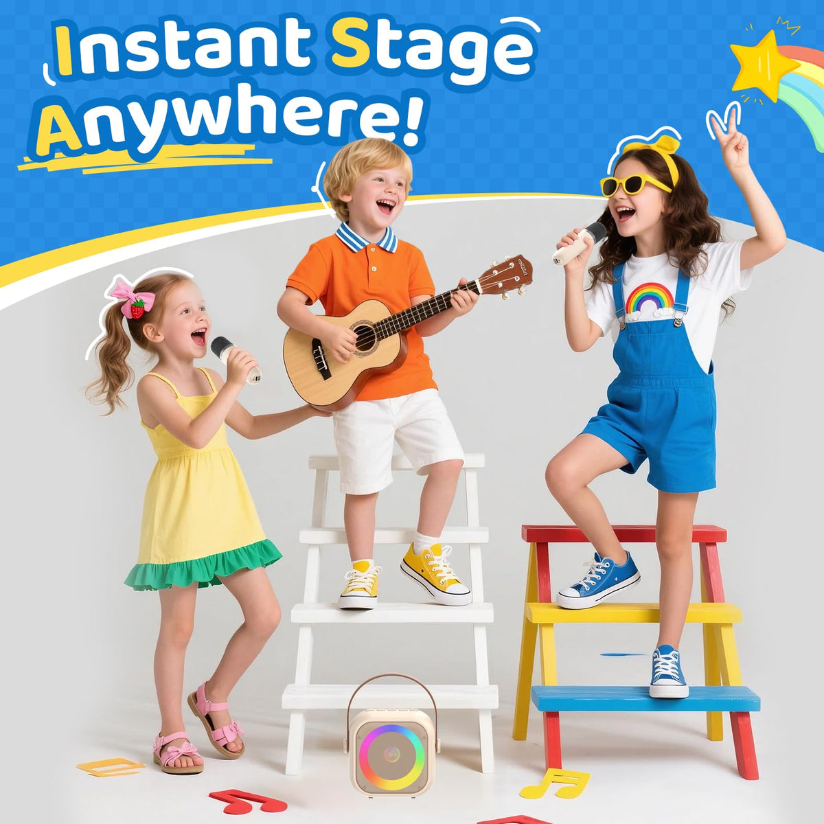 Jeefu Karaoke Machine for Kids side display showing LED rhythm lights for parties.