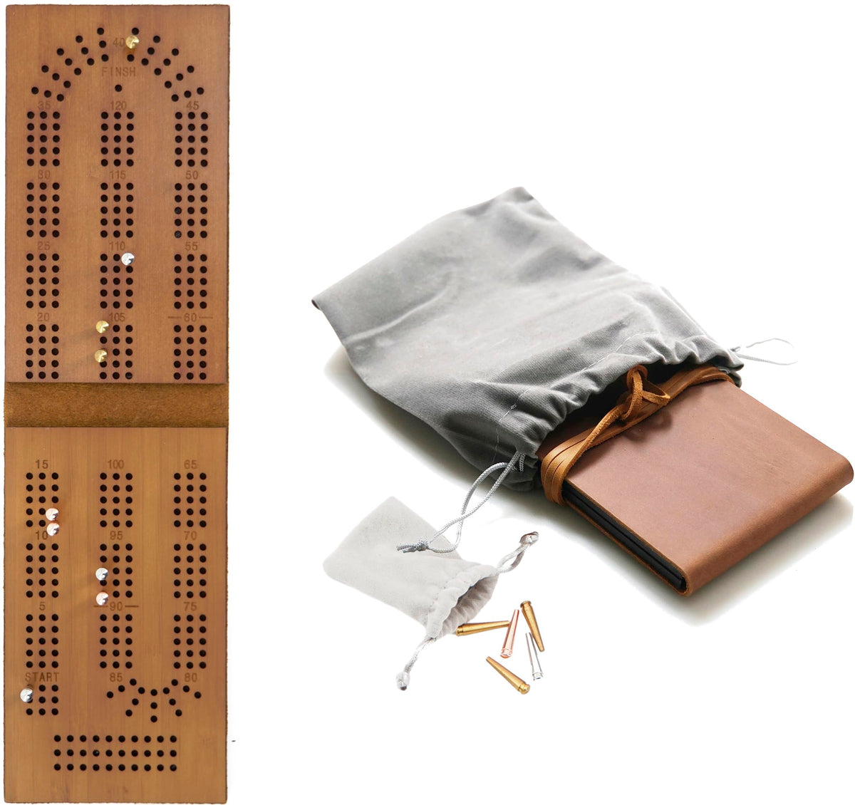 Jeereal cribbage pegs included in brass and copper colors for quick multi-player setup.