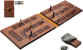 Jeereal travel cribbage board with leather cover and bamboo surface, compact for on-the-go play.