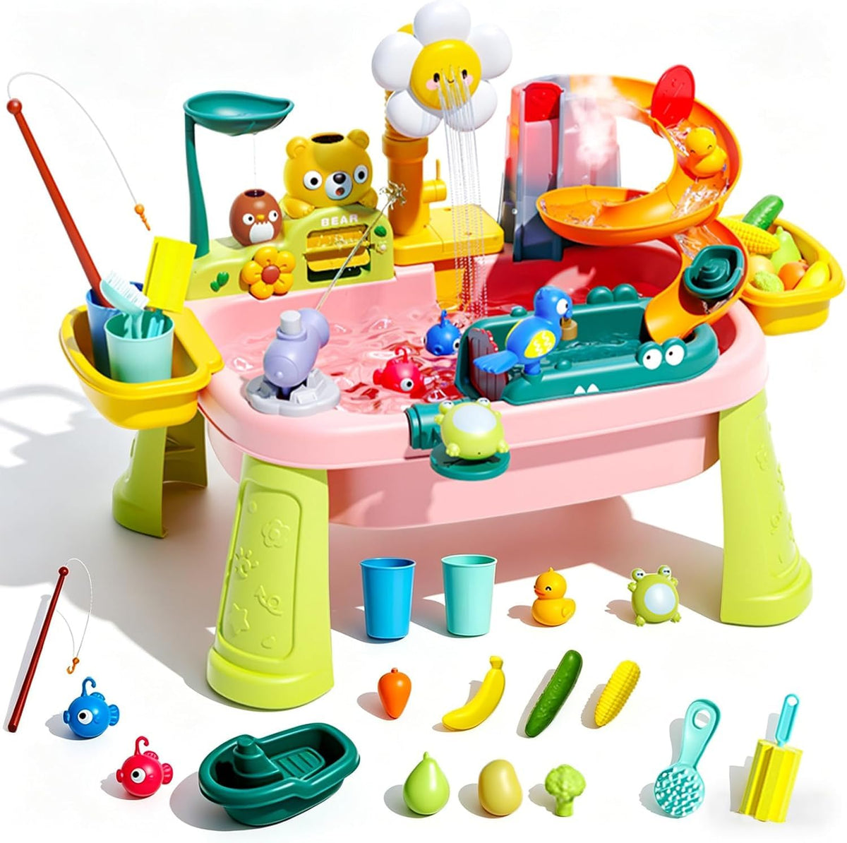 JEFLYM pink stand water table setup boosts imaginative outdoor play for toddlers.