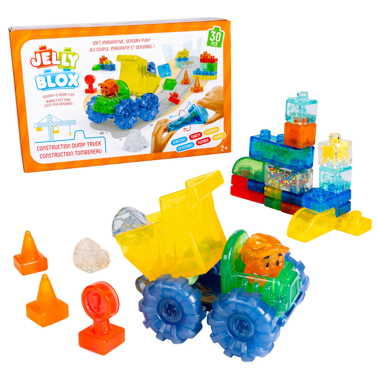 Jelly Blox construction dump truck in action for imaginative play and tactile motor skill development.