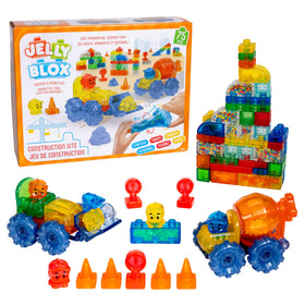 Jelly Blox construction site set with 75 pieces for creative play, sensory blocks visible.