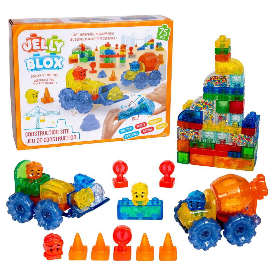 Jelly Blox construction site set with 75 pieces for creative play, sensory blocks visible.